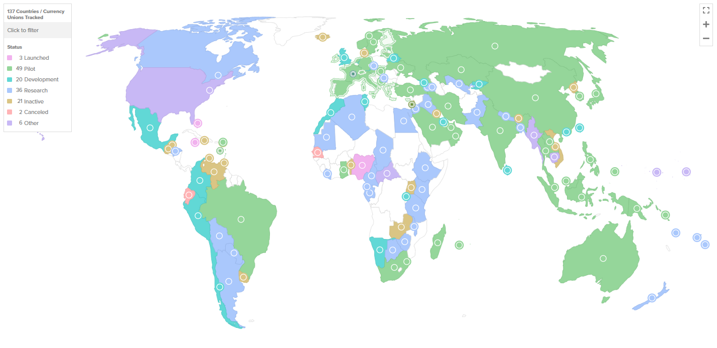 World map showing the global status of Central Bank Digital Currency adoption and exploration by country