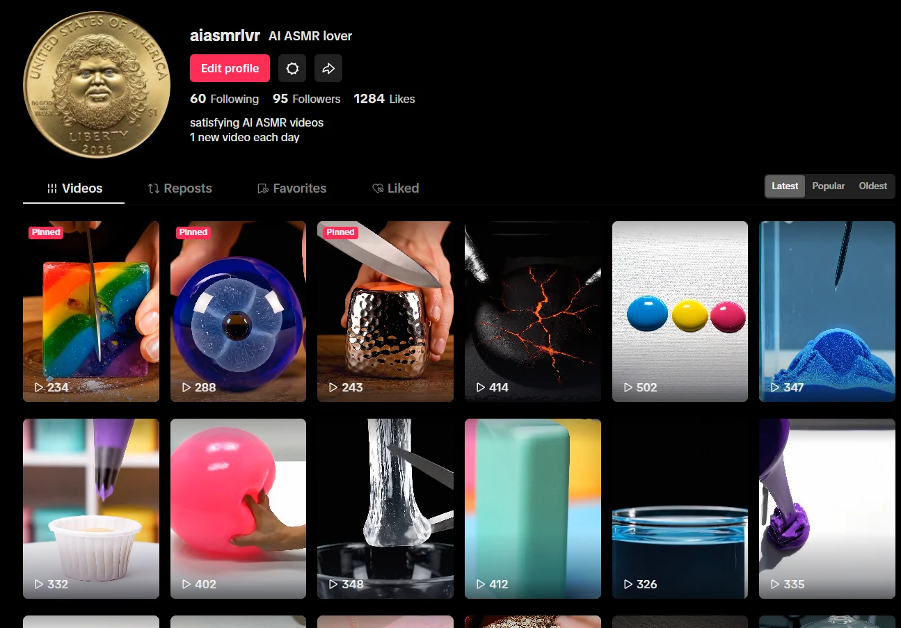 Final TikTok profile with 100+ AI-generated ASMR videos, 95 followers, and 1250+ likes